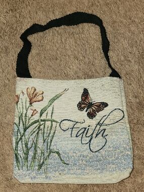 Vintage MWW Meadow Wonders Woven Tapestry Faith Butterfly Tote Bag Made in USA